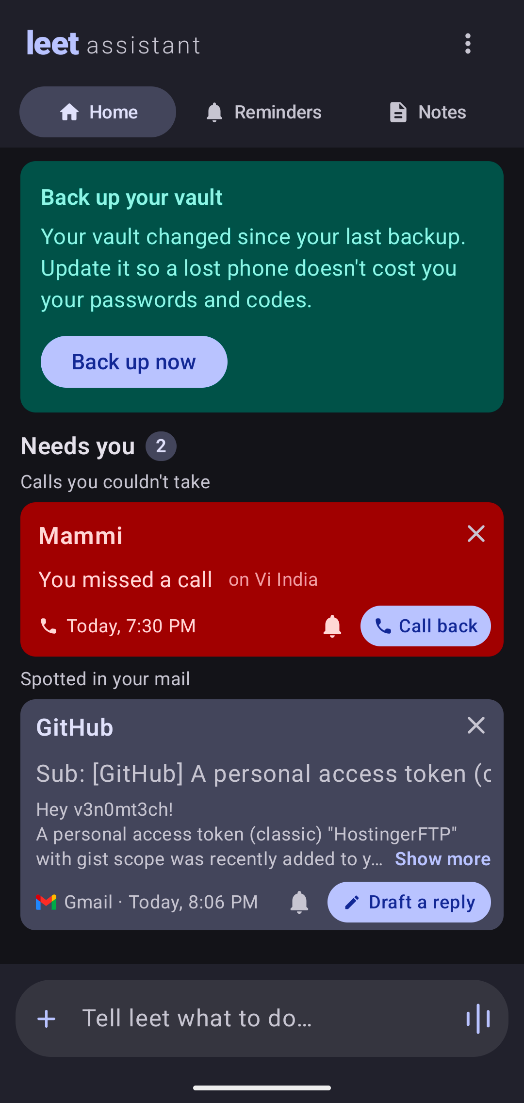 Missed calls and messages